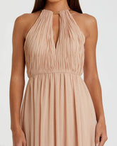 Beige Chain Trim Keyhole Halter Neck A Line Gown